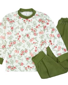 piżama dziecięca dla dziewczynki bawełniana spodenki długie khaki i bluzka długi rękaw w róże kwiatuszki dziecięca CiuchCiuch