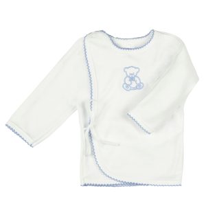 biały bawełniany kaftanik dla noworodka zawiązywany na troczki z niebieskim haftem