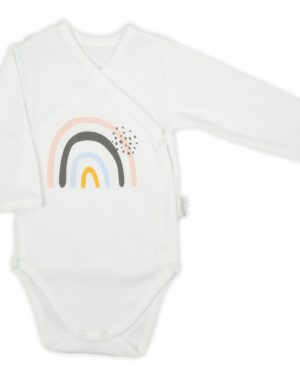 białe body kopertowe dla niemowlaka z pastelową tęczą