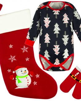 komplet świąteczny dla niemowlaka body ciepłe skarpetki i skarpeta prezentowa