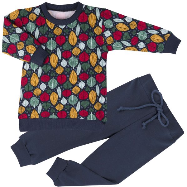 dres dziewczęcy bluza tunika w kolorowe listki i gładkie spodnie dresowe