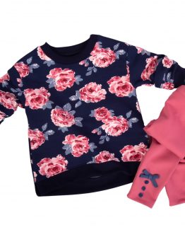 komplet bluza granatowa w róże i legginsy z kokardką i guziczkami