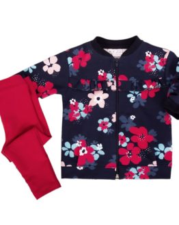 dres bluza rozpinana granatowa w kwiaty i różowe legginsy