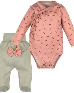 komplet niemowlęcy dla dziewczynki szare półśpiochy z kokardą i różowe body kopertowe z falbanką