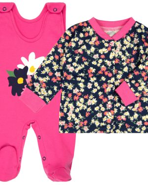 komplet niemowlęcy różowe śpiochy i kaftanik w kolorowe kwiaty