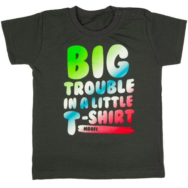 ciemnoszara koszulka t-shirt z kolorowym śmiesznym napisem big trouble