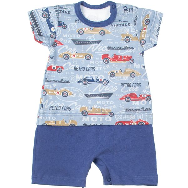 niebieski rampers niemowlęcy z krótkim rękawem auta
