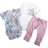komplet niemowlęcy dla dziewczynki spodnie pudrowy róż białe body z nadrukiem koala i body w liście pastelowe krótki rękaw