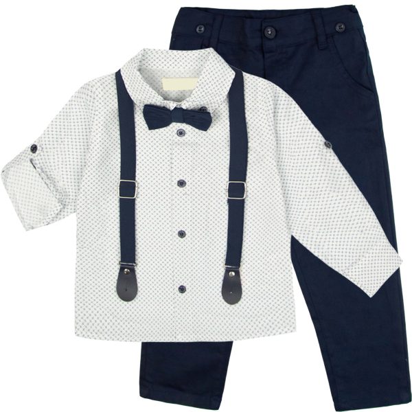 elegancki garnitur dla chłopca z koszulą szelkami granatową muchą i spodniami