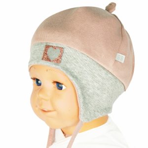 czapka niemowlęca na uszy wiązana wiosna jesień pudrowy beż
