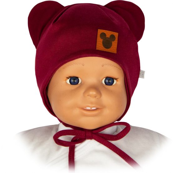 czapka niemowlęca dla dziewczynka myszka bordo wiązana z uszami