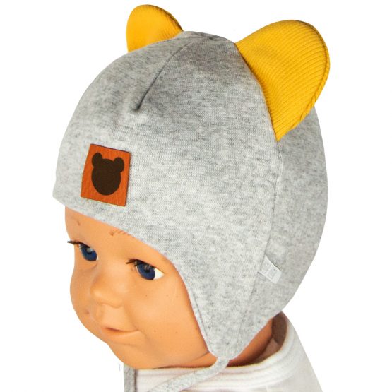 czapka wiązana na jesień niemowlęca szara z uszami misio