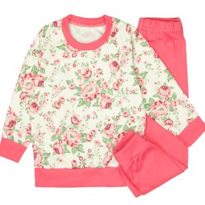 piżama różyczki dla dziewczynki koralowe spodnie w kwiaty długi rękaw