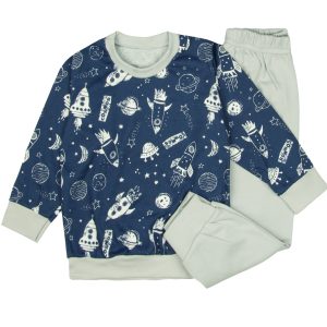 szaro-granatowa piżama dziecięca kosmos długie spodnie i długi rękaw