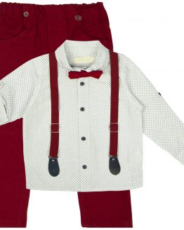elegancki garnitur dla chłopca z koszulą szelkami bordową muchą i spodniami