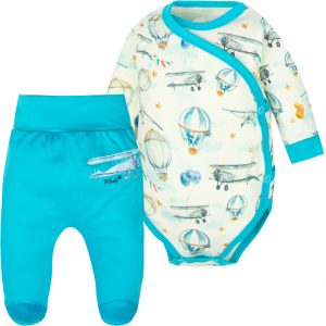 KOMPLET niemowlęcy dla chłopca samoloty półśpiochy i body kopertowe