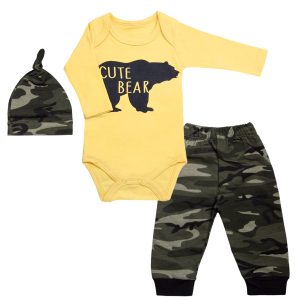 komplet niemowlęcy moro dla chłopca body cute bear żółte spodenki moro i czapka moro