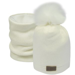 komplet dziecięcy zimowy czapka komin na polarze z pomponem sweterkowy śmietankowy