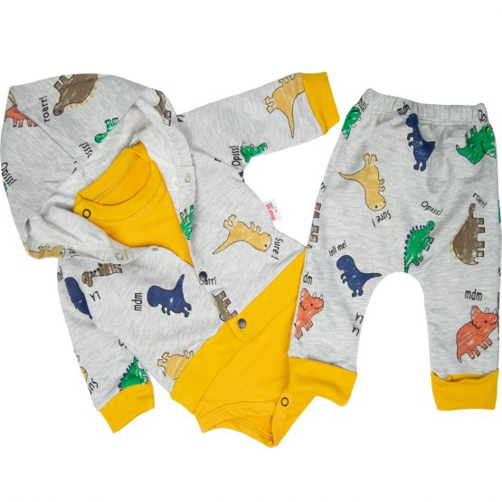 komplet niemowlęcy bluza spodnie body szaro-miodowy w dinozaury