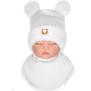 biała czapka z uszami z białym futerkiem i apaszka pod szyję ciepła ocieplana dla niemowlaka
