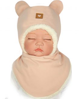 komplet niemowlęcy czapka ciepła z futerkiem i apaszka ocieplany dla noworodka pudrowy róż