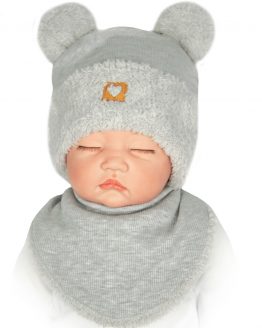 szara czapka z uszami z futerkiem i apaszka pod szyję ciepła ocieplana dla niemowlaka