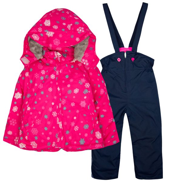 kombinezon zimowy dla dziewczynki różowa kurtka z futerkiem i granatowe spodnie na szelkach