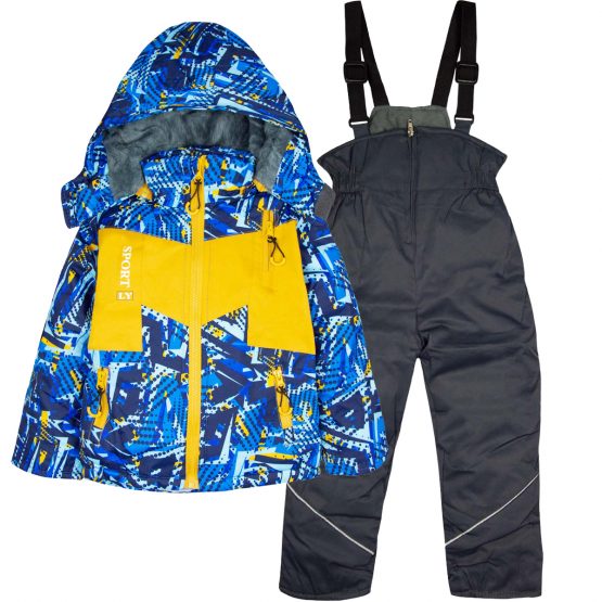 miodowo-niebieska kurtka i szare spodnie na szelkach kombinezon zimowy ocieplany dla chłopca