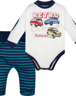 komplet body i półśpiochy ze stópkami dla niemowlaka chłopca auto retro