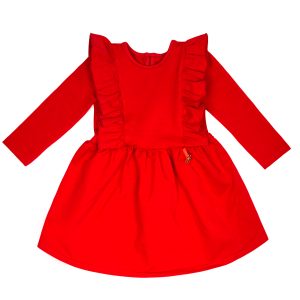czerwona sukienka z długim rękawem z falbankami bawełniana dresowa