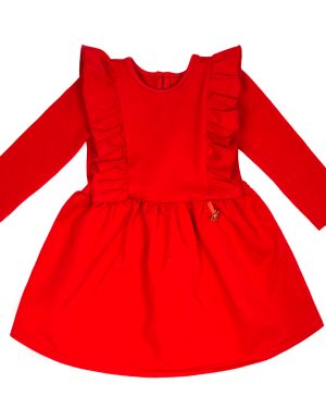 czerwona sukienka z długim rękawem z falbankami bawełniana dresowa