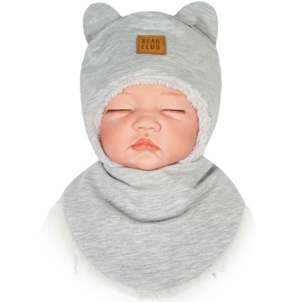 ciepły komplet niemowlęcy czapka wiązana i apaszka na napy z futerkiem na zimę szaro-biały