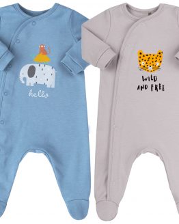 dwupak pajacyków niemowlęcych dla chłopca niebieski i jasnoszary ze zwierzątkami