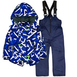 kombinezon zimowy narciarski ocieplany niebieska kurtka ze ściągaczami i granatowe spodnie na szelkach