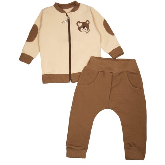 brązowo-beżowy dres niemowlęcy komplet dla chłopca bluza rozpinana i spodnie z kieszeniami