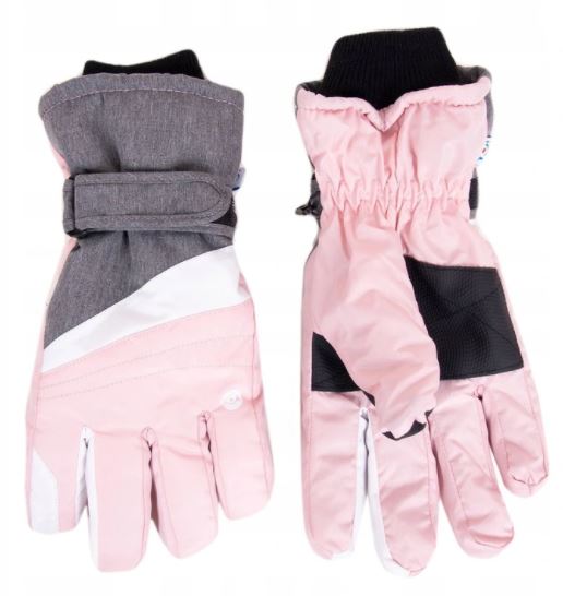 rękawice narciarskie zimowe grube na śnieg dziewczęce młodzieżowe różowo-szare