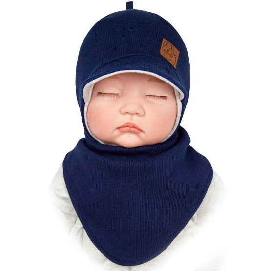 granatowy komplet dla noworodka niemowlaka chłopca czapka na uszy wiązana prążek i apaszka na napki