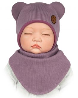 wrzosowy komplet dla niemowlaka dziewczynki czapka wiązana z uszami i apaszka na napy z prążka