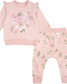 dres dla dziewczynki niemowlaka pudrowy róż z falbankami w kwiaty baby girl
