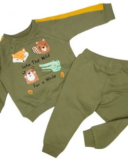 komplet niemowlęcy dres dla chłopca khaki spodnie bluza w zwierzęta leśne lisek