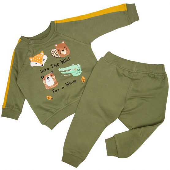 komplet niemowlęcy dres dla chłopca khaki spodnie bluza w zwierzęta leśne lisek