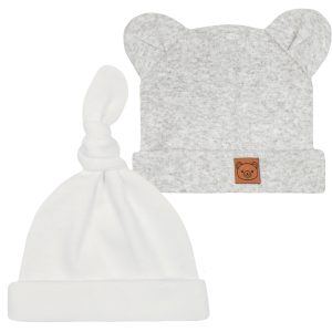 biała czapeczka niemowlęca bawełniana z supełniem i szara smerfetka z uszami i naszywką dla noworodka
