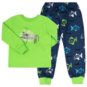 zielono-granatowa piżama dziecięca dwuczęściowa bluzka z nadrukiem śpiący kotek i spodnie w rybki