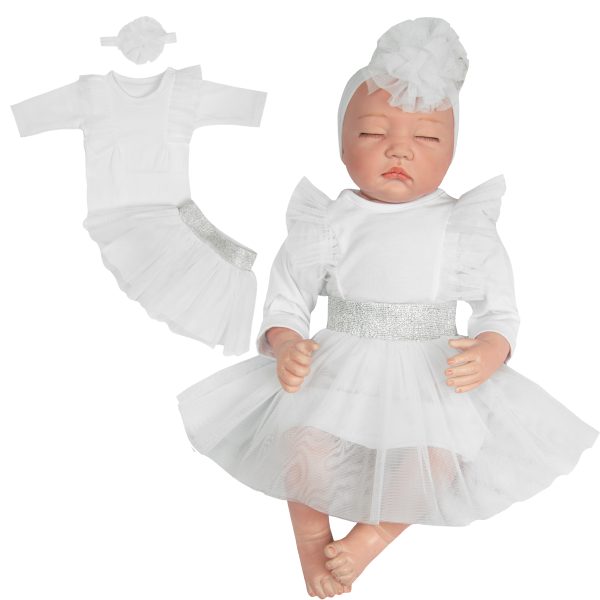 biały komplet niemowlęcy dla dziewczynki body z falbankami z tiulu spódniczka tutu i opaska na
