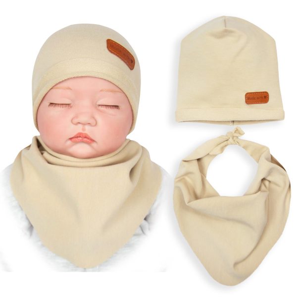 beżowy jasny komplet na wiosnę i jesień czapka i chustka pod szyję z dresówki dla niemowląt i małych dzieci
