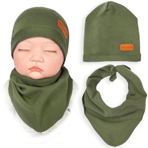 komplet khaki czapka i chustka dla niemowlaka z dresówki gładka