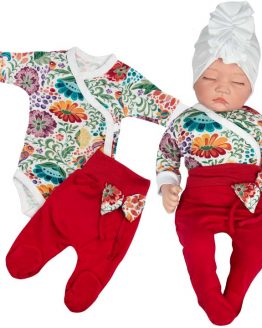 komplet niemowlęcy dla dziewczynki folk body kopertowe w kwiaty i półśpiochy bordowe z kokardą