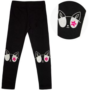 czarne legginsy bawełniane dla dziewczynki nadruk w kocie oczka z brokatem