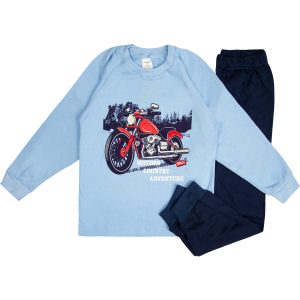 piżamka dla chłopca bluzka długi rękaw błękitna z nadrukiem motoru spodnie długie w kolorze granatowym