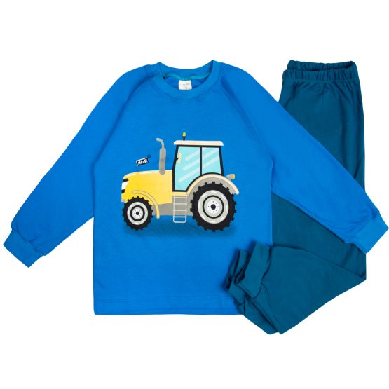piżama dziecięca bluzka długi rękaw z nadrukiem traktora i spodnie długie morskie